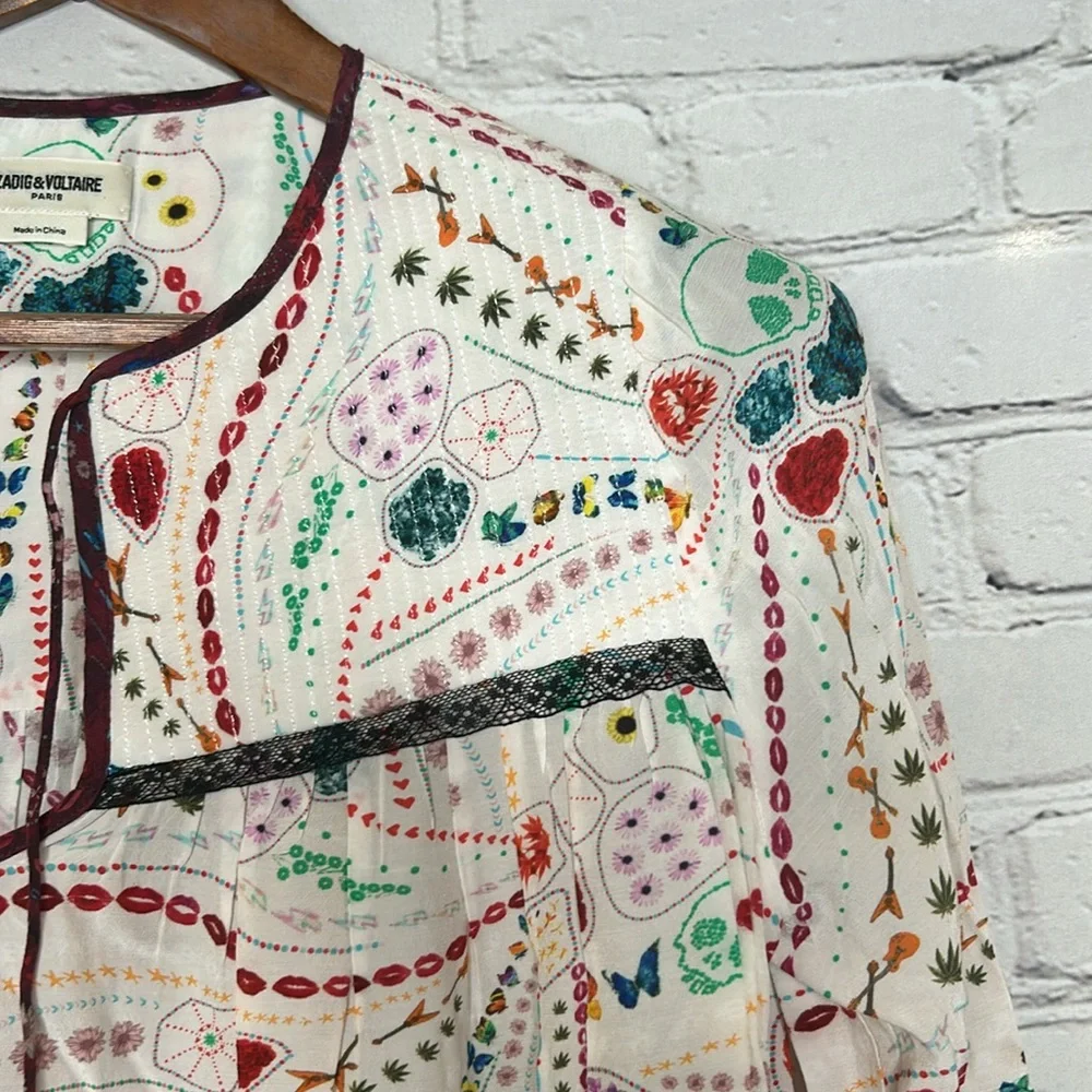 Zadig & Voltaire Paris Cream Paisley Black Lace Long Sleeve Blouse Size X-Small